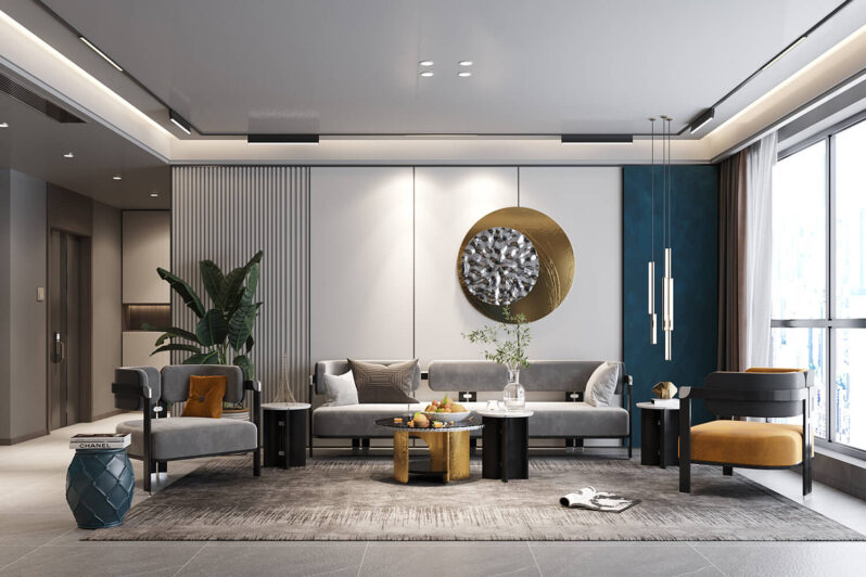 Không gian phòng khách với sofa dài Indochin