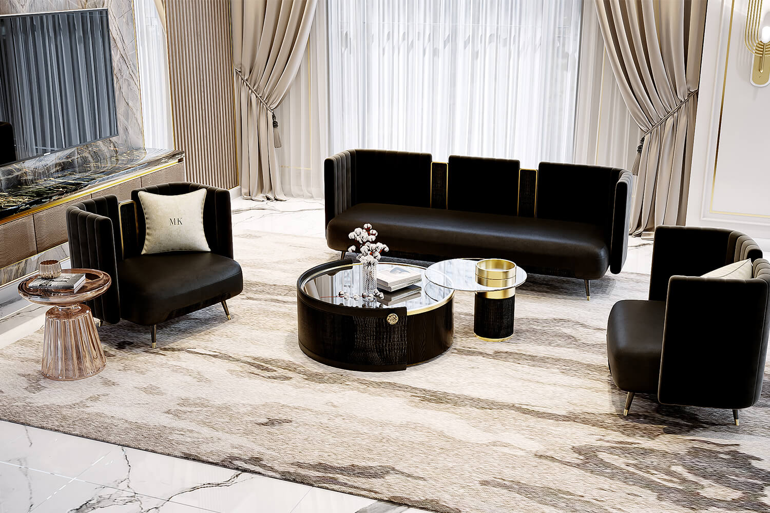 Không gian phòng khách với ghế Sofa dài MK