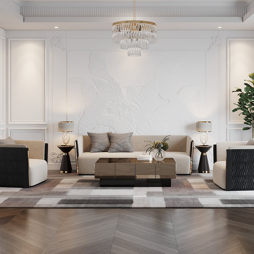 Không gian phòng khách với ghế sofa dài Momocca